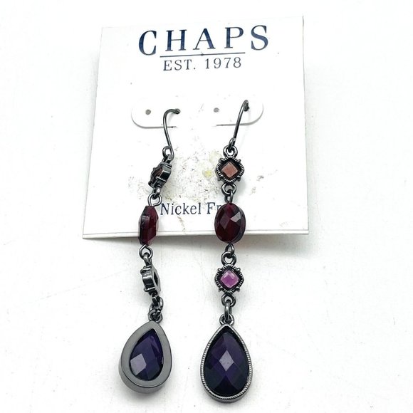 Chaps Beaded Dangle Earrings Gunmetal Tone New on Card Red Purple Boho Festival - Picture 1 of 9